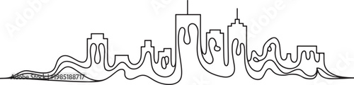 Fluid wavy city skyline silhouette with melting building shapes for surreal architectural design