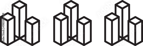 Isometric building block trio set in minimalist outline style for architectural design concept