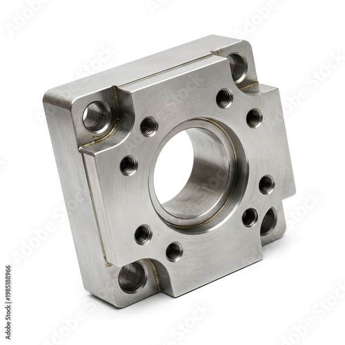 Precisionmachined metal component with multiple mounting holes and a central bore.