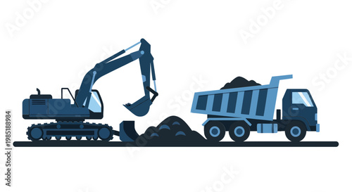 Bilde på lerret Excavator Loading Dirt into Dump Truck on White Background
