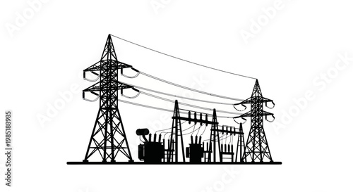 Electrical Power Station Silhouette with Transmission Towers and Transformers