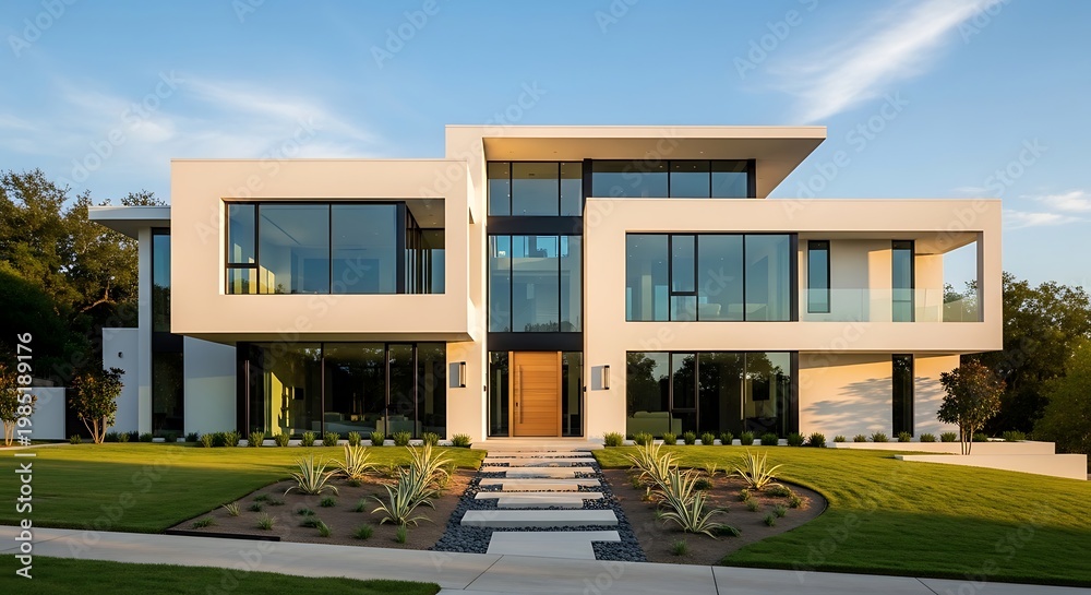 Fototapeta premium Modern luxury villa with minimalist architectural design, large glass windows, and a wooden front door, set in a landscaped garden with a stone pathway under a clear blue sky at sunset