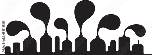 Stylized factory skyline silhouette with smoke plumes rising into abstract shapes