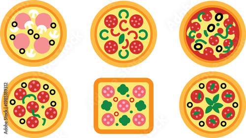 Delicious Italian Pizza Vector Illustration Set With Pepperoni Mushrooms Olives And Basil Toppings For Restaurant Menu And Food Delivery Graphic Design