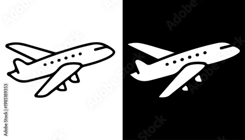Air Travel Dichotomy: An artistic illustration of an airplane in flight, represented in both black and white, symbolizing the duality of travel.