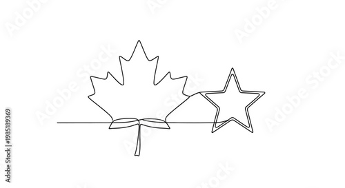 Single Line Drawing Canadian Maple Leaf and Star