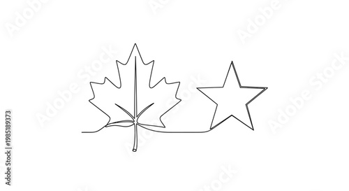 Canadian Maple Leaf and Star Outline Drawing - Minimalist Vector Icon