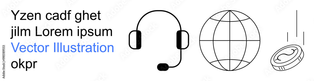 Obraz premium Customer support, financial services, global communication, ecommerce, currency transactions, online business. A headset, globe and coin communication. Customer support and financial services