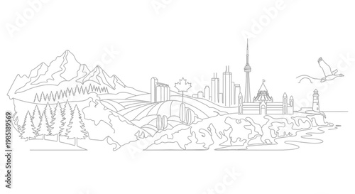 Canadian Skyline Panorama: Mountains, City, and Coastline in Outline Art