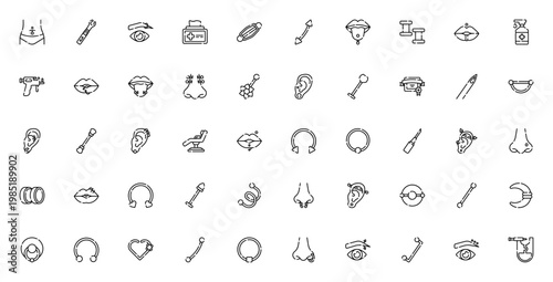 Piercing icon set. Body modification vector icons. Minimal line icons pack. Includes symbols for ear dilator, antiseptic, license, chair, face mask and more. Editable stroke.