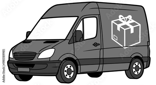 Grey delivery van illustration with gift box icon on the side.