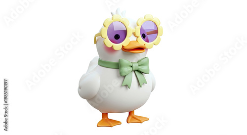 Cute Cartoon Duck Wearing Flower Sunglasses and Green Bow Tie