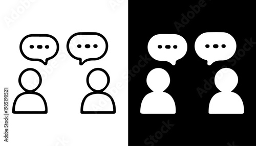 Dialogue icons: Two stylized human figures engage in conversation, represented by speech bubbles filled with dots, suggesting discussion, communication, and idea exchange. 