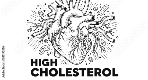 Detailed human heart anatomy with floating blood components and "High Cholesterol" text illustration.
