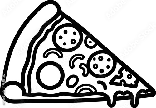 Drawn Pizza Slice with Pepperoni and Melted Cheese - Outline Art