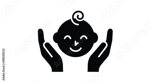 A sweet baby's head with a happy smiling face, gently cradled by two protective hands in a clean, modern vector graphic illustration representing care and new life.
