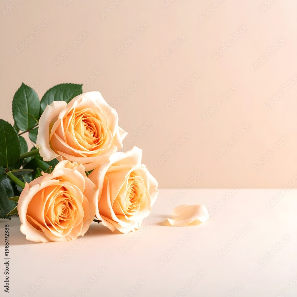 Fototapeta premium Three peach roses with green leaves on minimal beige background