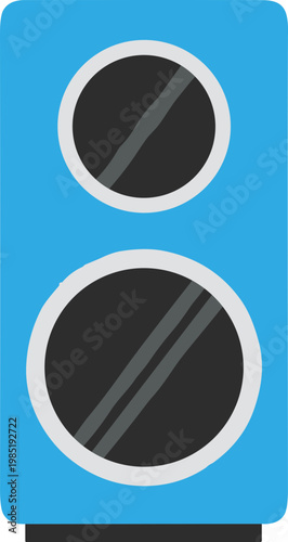 Blue stereo speaker with two round speaker cones, flat design, vector illustration