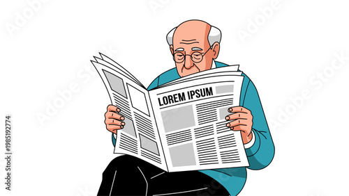 Senior Man Reading Newspaper Illustration, Elderly Person Catching Up on News