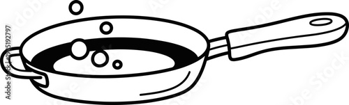 Black and white illustration of a frying pan with boiling liquid and bubbles