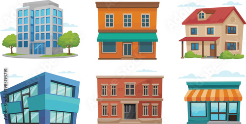 Modern City Building And House Exterior Vector Set Featuring Office Skyscraper Retail Storefront And Residential Apartment For Urban Real Estate Map Design