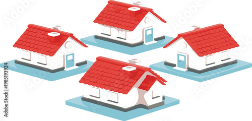 Modern Suburban Residential House Set Featuring Isometric Small Family Homes with Red Roof Tiles for Real Estate, Property Development, and Neighborhood Design