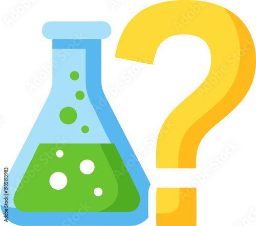 Chemistry Flask with Green Liquid and Yellow Question Mark, Science Experiment Concept