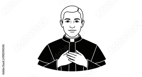 Catholic Priest Illustration in Clerical Clothing, Young Priest Portrait Line Art