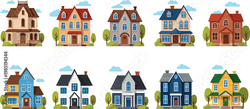 Residential house vector icon set featuring various architectural styles, suburban homes, townhouses, and cottages in a flat minimalist style with clouds and trees.