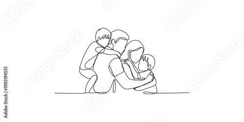 Continuous line drawing of a family hugging each other in a loving embrace
