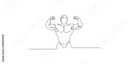 Continuous line drawing of a muscular man flexing his arms in a powerful pose on white background