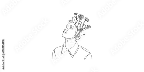 A minimalist line drawing of a woman with flowers in her hair on white background