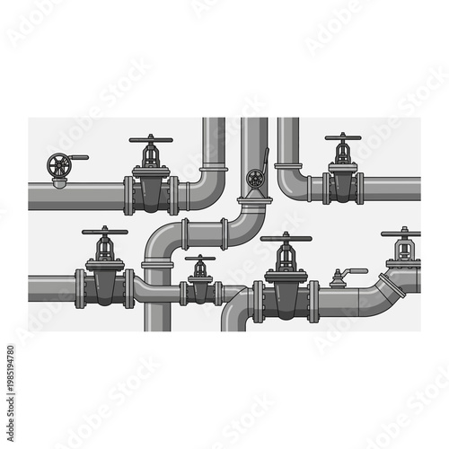 Industrial grey pipe system with multiple valves and connections pixel art