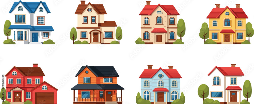 Fototapeta premium Suburban residential house vector set featuring diverse architectural styles, family homes with garages, and colorful property exteriors in flat minimalist style.
