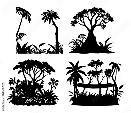 Rainforest canopy icon set with solid black icon on white background featuring trees, foliage, conservation with silhouette and canopy