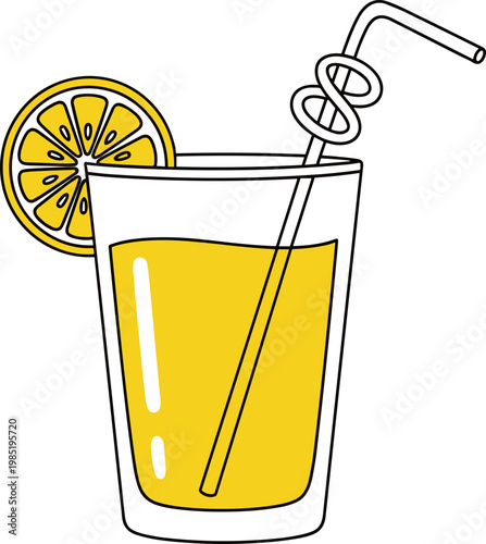 Fresh yellow citrus juice in a glass with lemon slice and straw, refreshing drink illustration