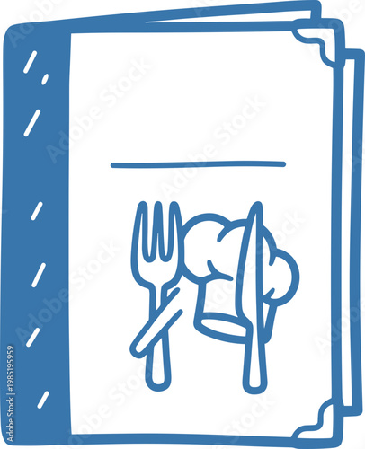 Hand-drawn culinary book with fork and knife illustration, chef hat icon