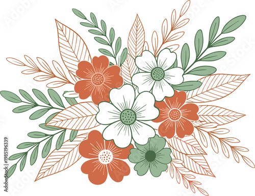 Hand-drawn floral bouquet with terracotta and mint green flowers and leaves