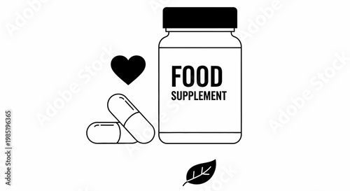 Food supplement bottle and capsules line art icon with heart and leaf symbols.