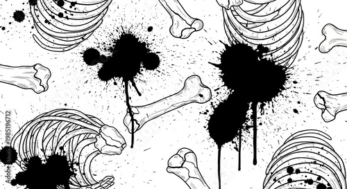 Abstract Ribcage and Bone Pattern with Ink Splatters