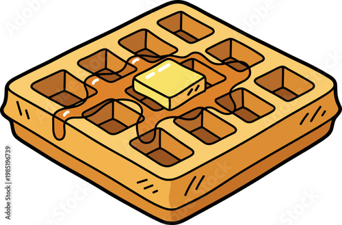 Delicious Golden Waffle with Melting Butter and Syrup, Breakfast Treat