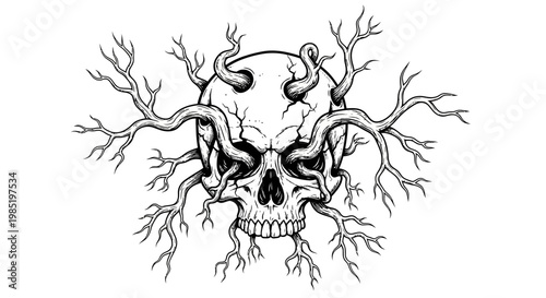 Skull with growing branches, dark art, surreal, graphic illustration