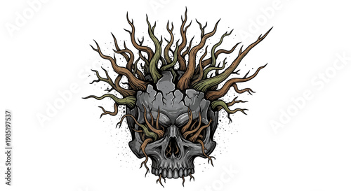 Skull with roots growing from head on white background