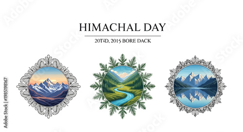 Three decorative Himachal Day illustrations showcasing mountainous landscapes within ornate frames, set against a clean white backdrop, celebrating Himachal Pradesh statehood day