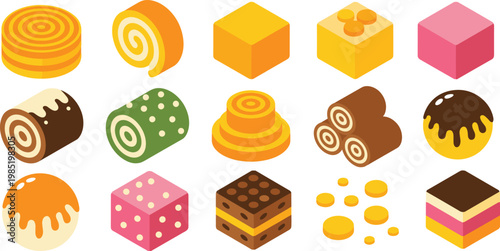 Delicious Sweet Dessert Vector Set Featuring Swiss Roll Cake Slices Colorful Candy Cubes And Gourmet Pastry For Bakery Shop Menu Graphic Design