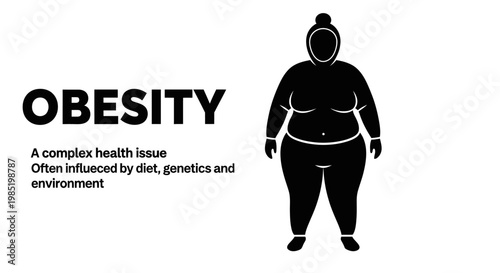 Obesity awareness illustration with woman silhouette and health description.