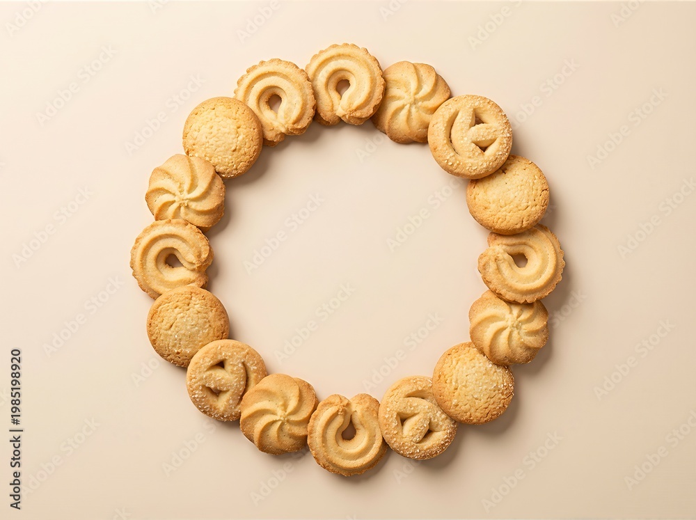 Obraz premium Assortment of Danish butter cookies arranged in a circular shape on a light background.