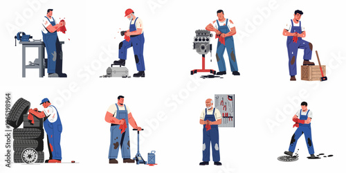 Flat Vector Set of Auto Mechanics and Industrial Workers Performing Workshop Tasks, Cleaning Hands, and Maintaining Equipment in Blue Overalls.