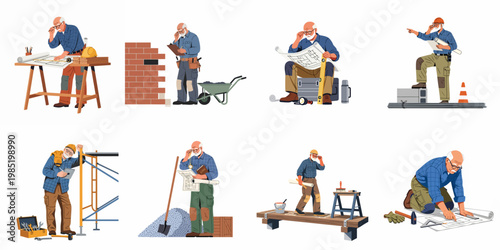 Set of illustrations featuring an elderly male construction worker and architect engaged in various building and planning activities on white background.
