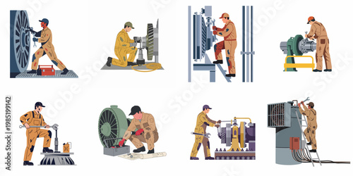 Set of illustrations featuring industrial mechanics and technicians performing maintenance and repairs on heavy machinery and factory equipment in various professional scenarios.
